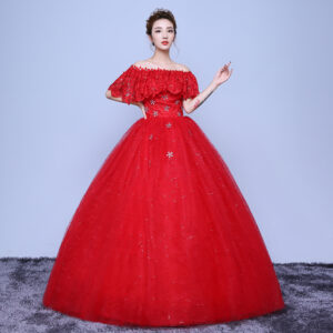 Luxury Red Ruffle Sleeve Bridal Gown