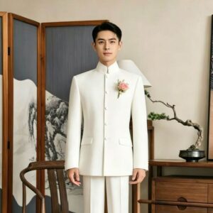 Modern White High Neck Groom Suit Set