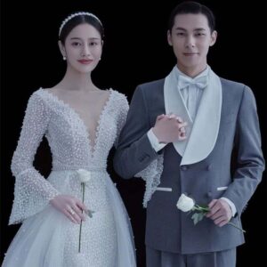 Premium Grey Groom Tuxedo and Lace Bridal Gown Set
